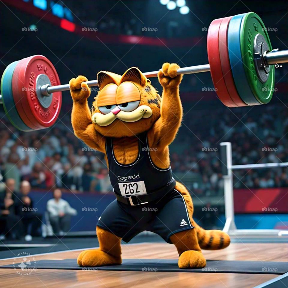 Garfield lifts weights at Olympics, Garfield competes in the Olympics, fun Garfield image, Garfield the Cat 