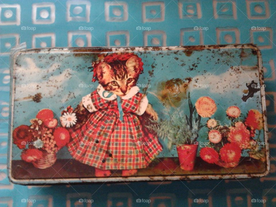old metal box with cat illustration