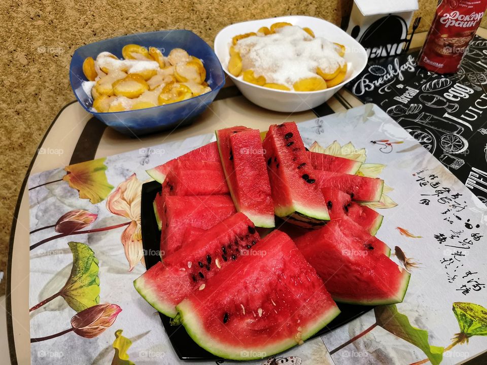 Food eat stay home indoor view bio fresh yummy healthy Red vegetables meat day table part served apricot jam yellow form plant