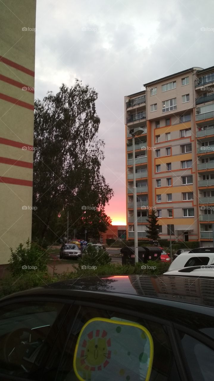 Sunset in city