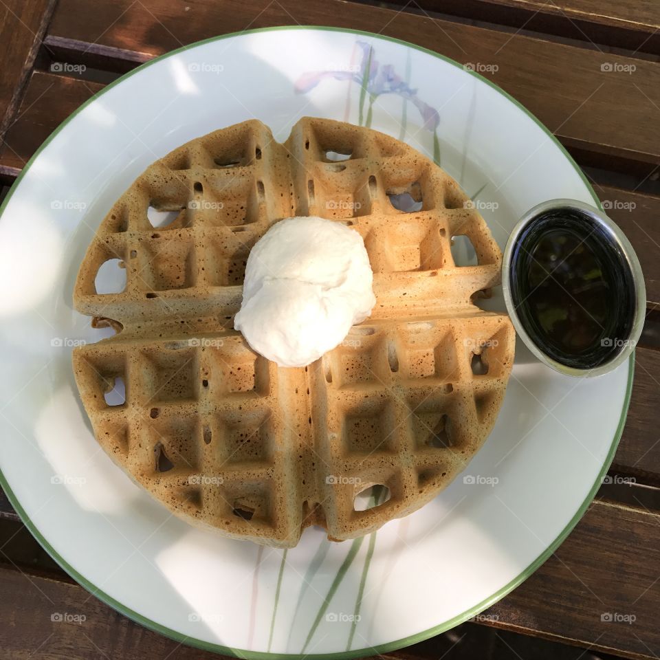 Vegan & gluten-free buckwheat waffle with macadamia butter and side of maple syrup, from ChocolaTree inSedona, AZ