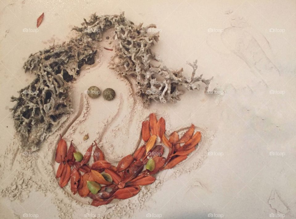 Sand drawing of a mermaid decorated with natural leaves, sea urchins and seaweed found on the beach