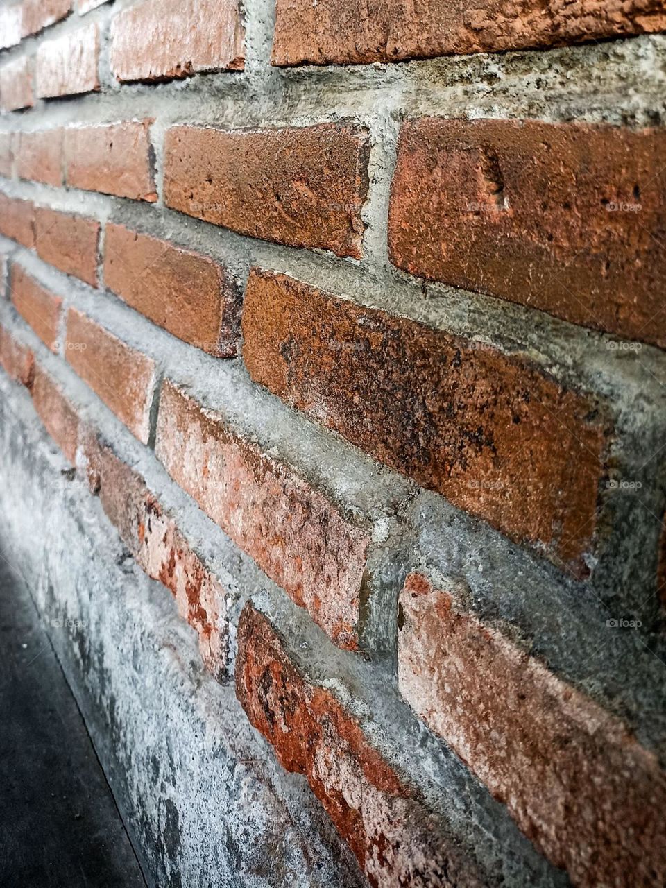 Close-up view of a brick wall that looks old and slightly mossy