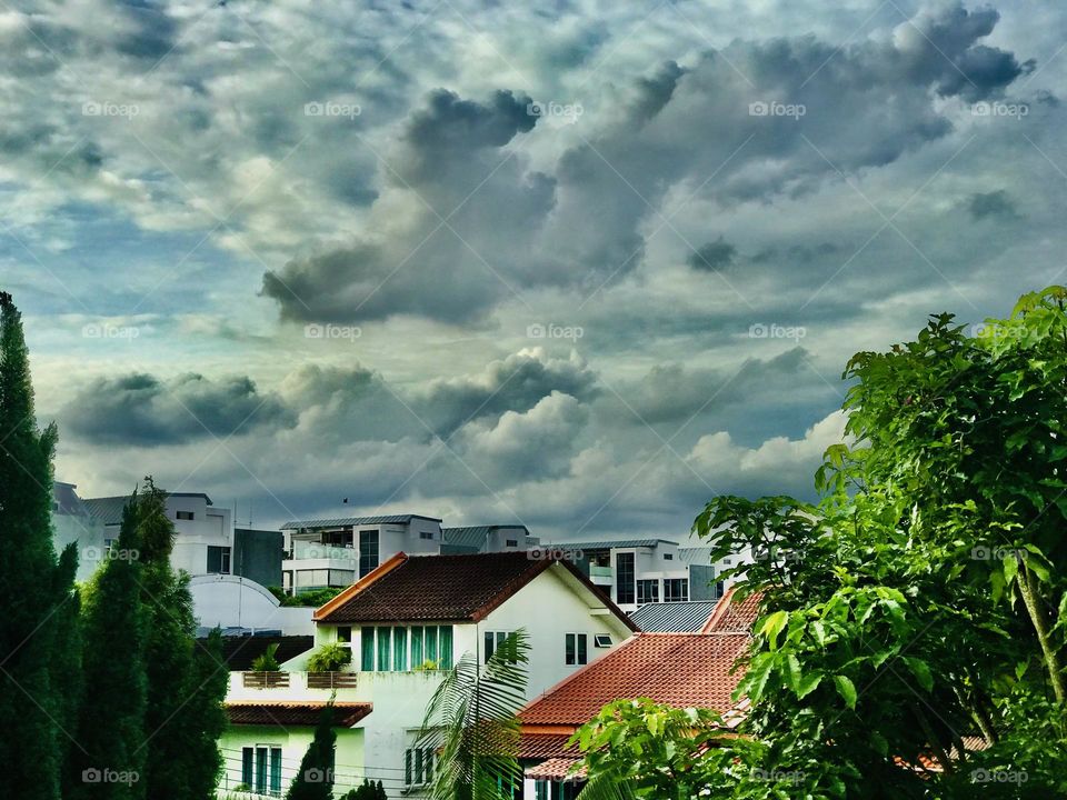 A beautiful and colourful clouds look like a flying animal in the sky and a beautiful ancient individual houses along with greenery under the clouds looks amazing 