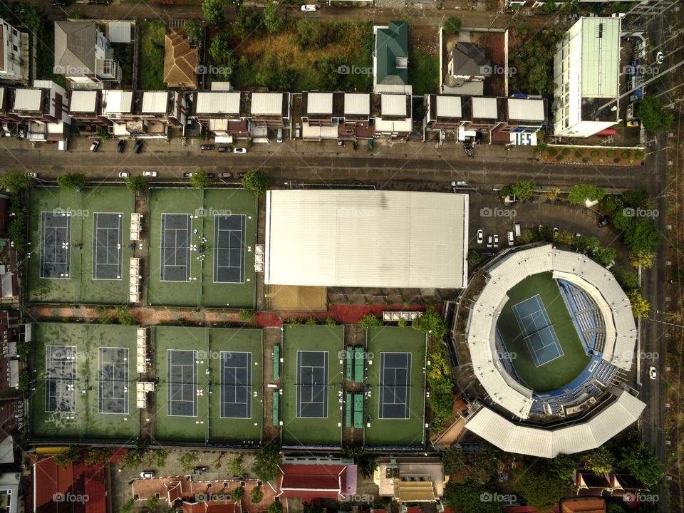 Tennis court sport center view from above taken with drone, high angle view