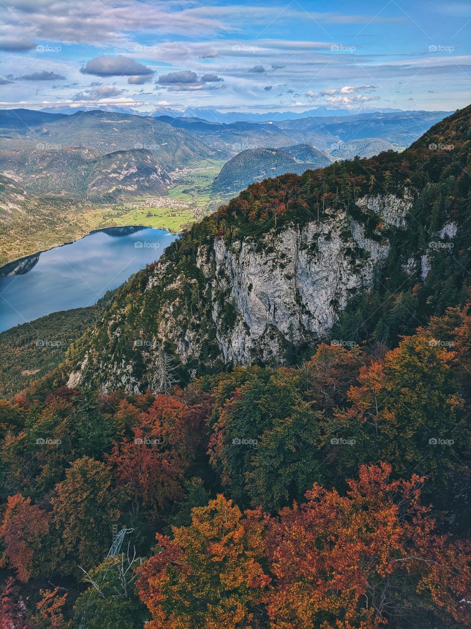 Amazing autumn view from the mountains to blue lake, Bohinj, Slovenia