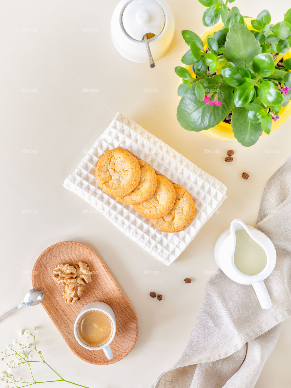 Morning composition with a kalanchoe flower, a cup of coffee and handmade cookies. Breakfast with a houseplant and a cup of espresso. Plant parent concept, relaxing at home, handmade low carb baking