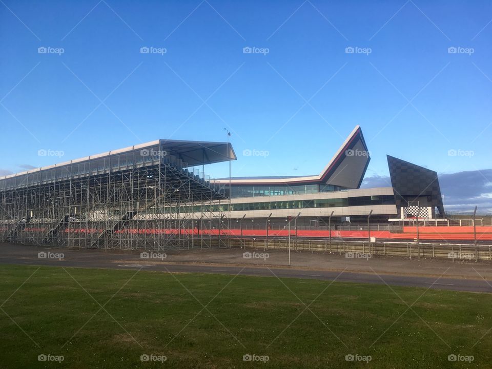 Podium, Wing and Grandstand on the international pits straight at Silverstone Circuit, Northamptonshire 