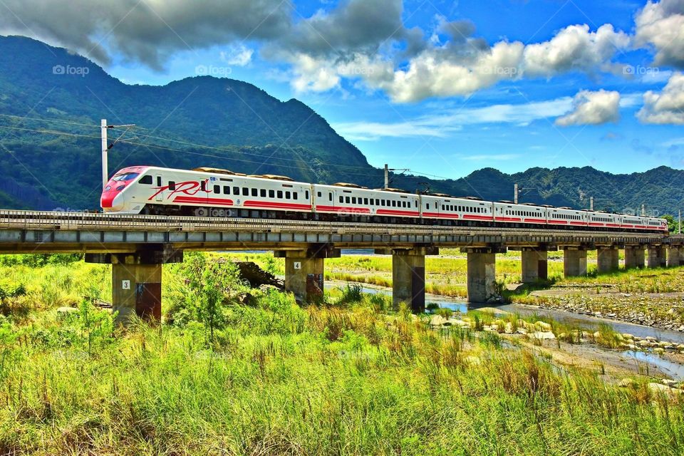 Travelling by train.