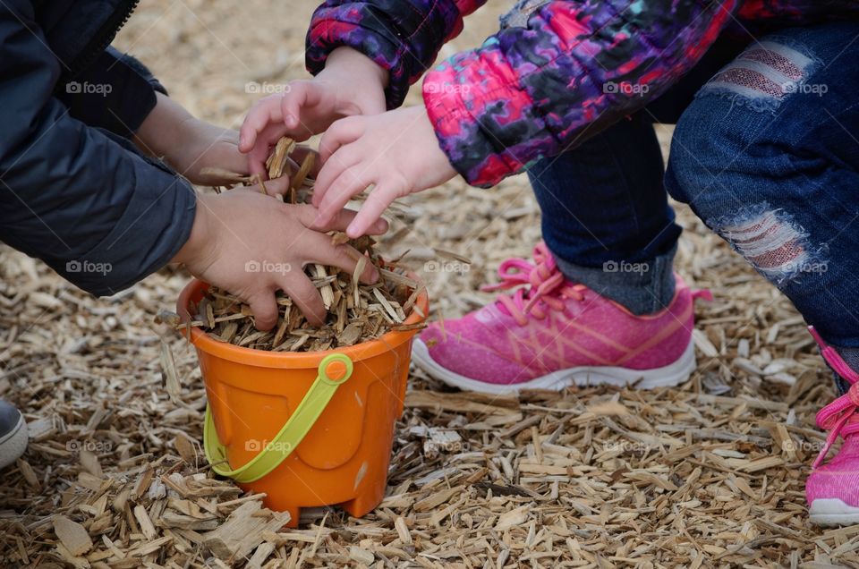 Children putting wooden shaving in small bucket