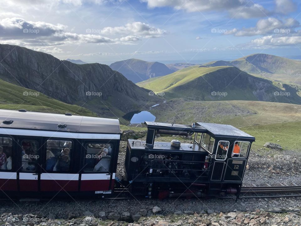 Train pushing the carriage up Snowdon 