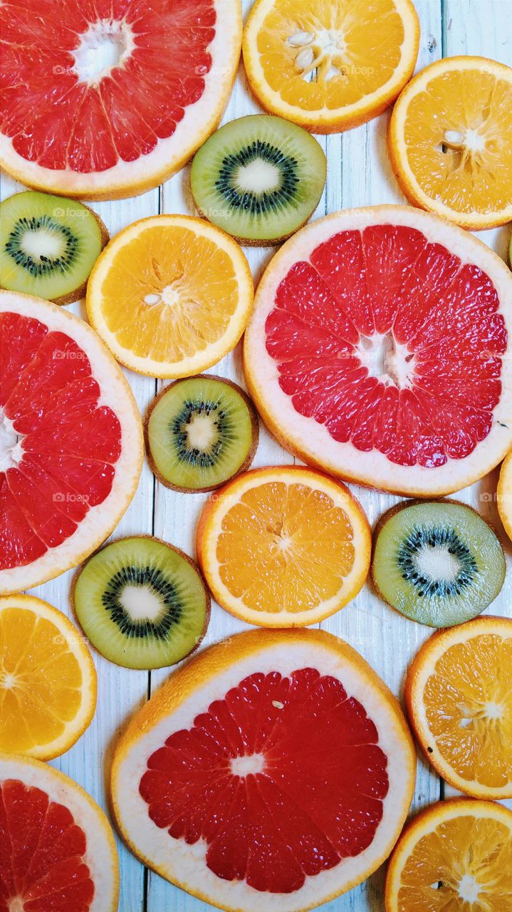 kiwi, orange, grapefruit