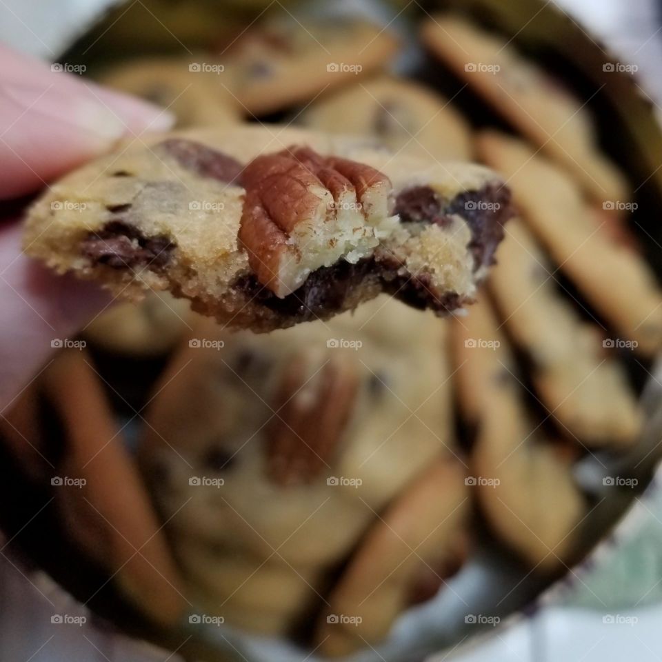 Close up of a woman's hand holding a  half eaten chocolate chip pecan cookie over a tin of cookies in the background