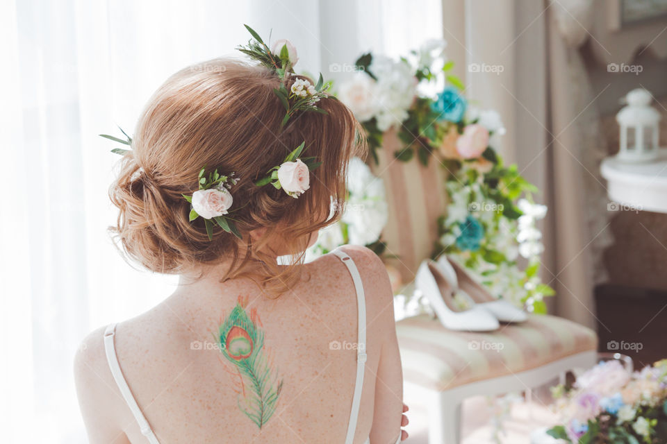 Flower crown in hair of bride