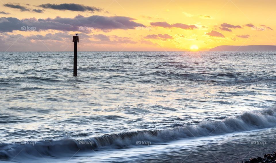 A seagull sits atop a sea marker as the sun sets over the English Channel 