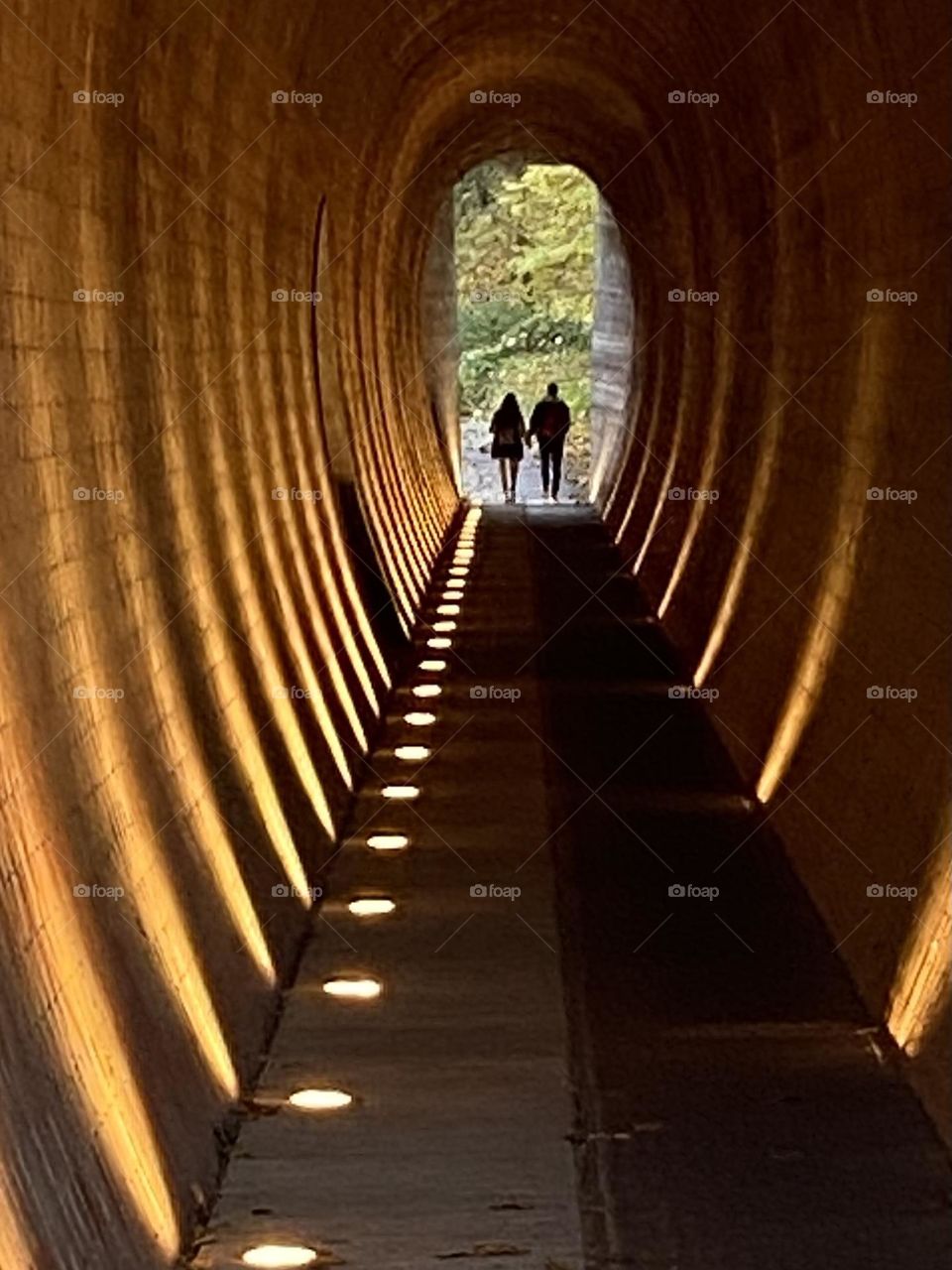 Tunnel of Love. Two people holding hands at the end of a tunnel.