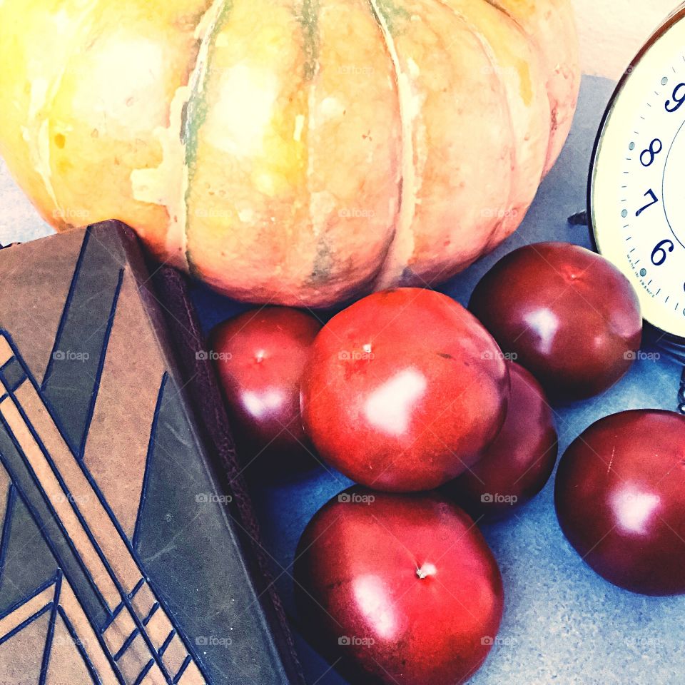 Tomatoes Brown Clock Books Pumpkin 