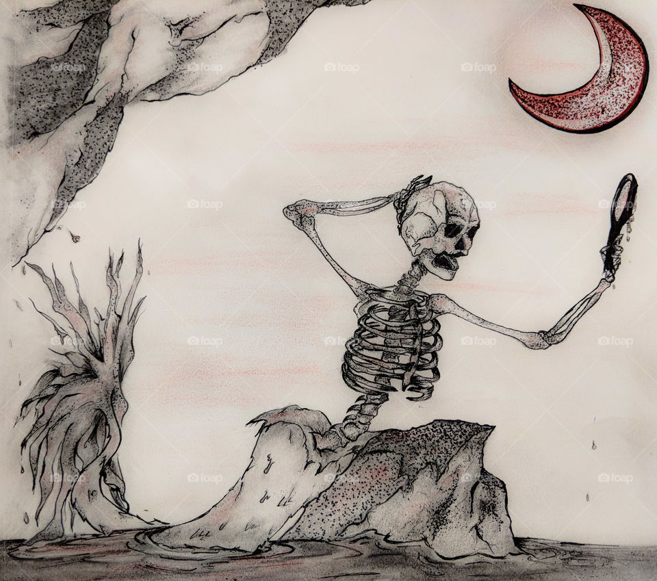 pen and graphite sketch of a mermaid skeleton