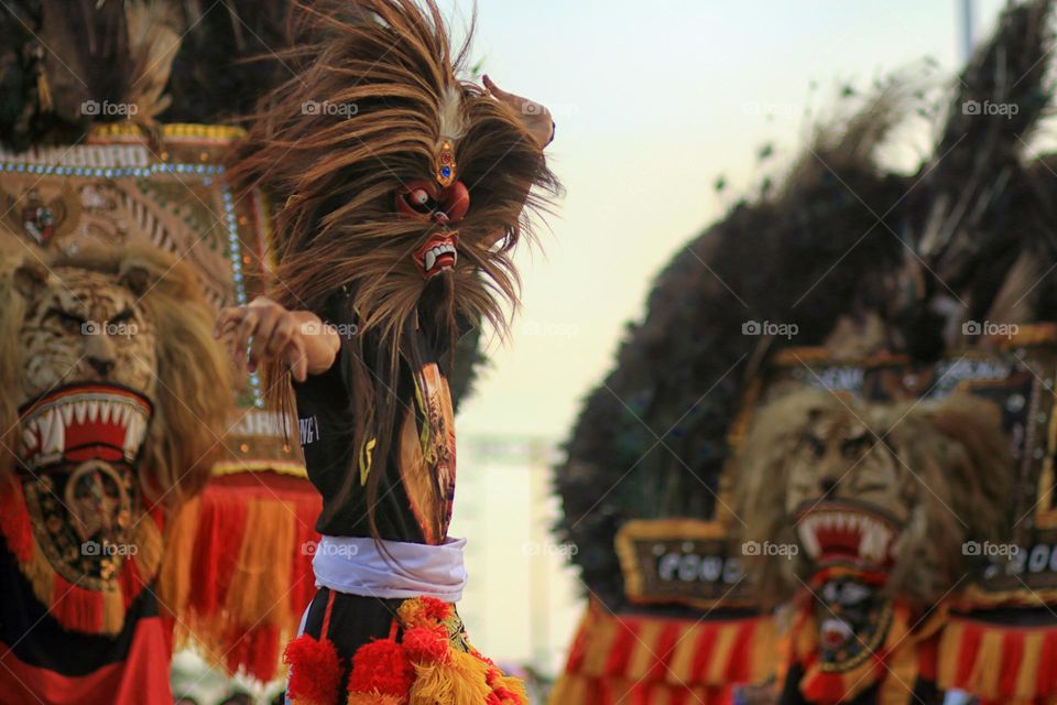 Reog is a traditional dance that become the main identity for Ponorogo regency, Indonesia. 
Because of this, Ponorogo is also known as Reog city.
This theatre has been known wide in Indonesian even foreign tourists.