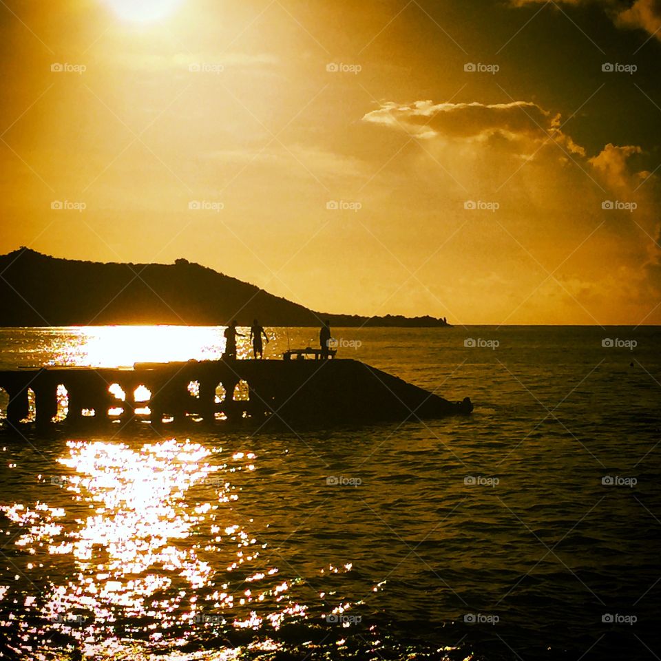 Sunset On The Pier, Silhouettes On The Pier, Orange Glow, Caribbean Sunshine, Ocean View, Orange Yellow Glow