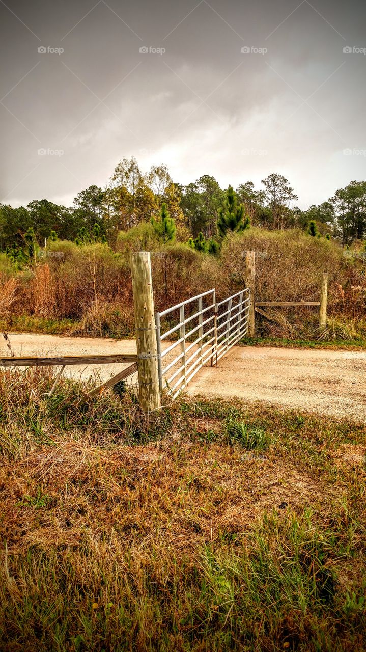 Closed gate on dirt road