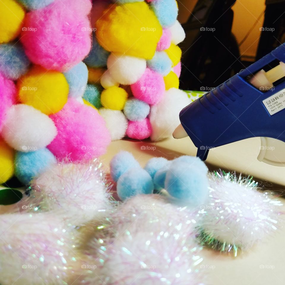 Fall Tree Crafting with Pom poms and a Hot Glue Gun