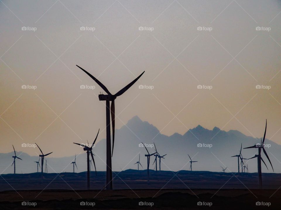 The photo shows wind turbines at an Egyptian wind farm silhouetted against a hazy sky, with distant mountains in the background. The composition emphasizes scale and contrast between the turbines and the landscape.