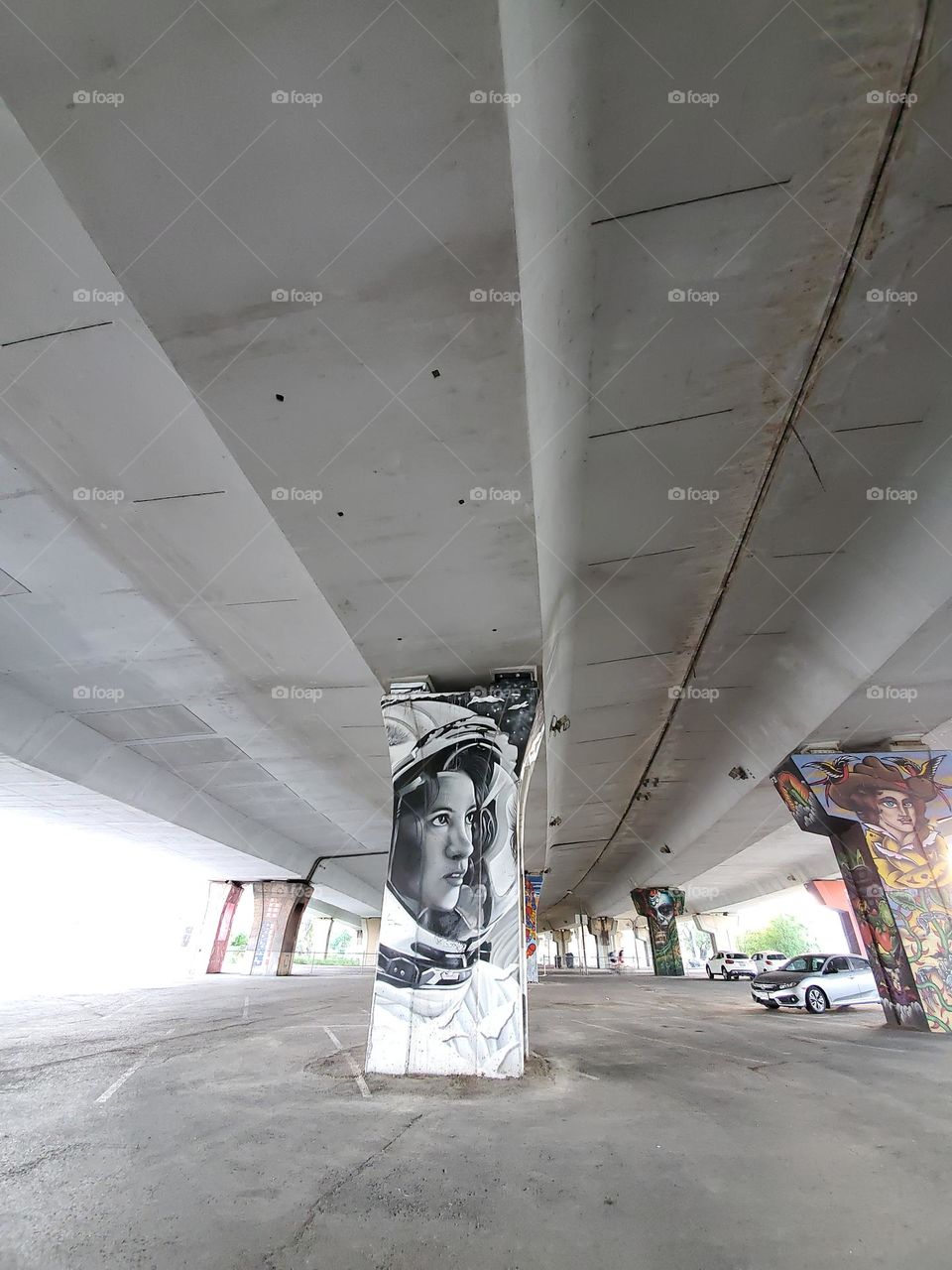 Street art under highway bridge on highway cement pillars.  Focus is on the center pillar with a black and white portrait of a female astronaut. This perspective also shows the highway bridge.