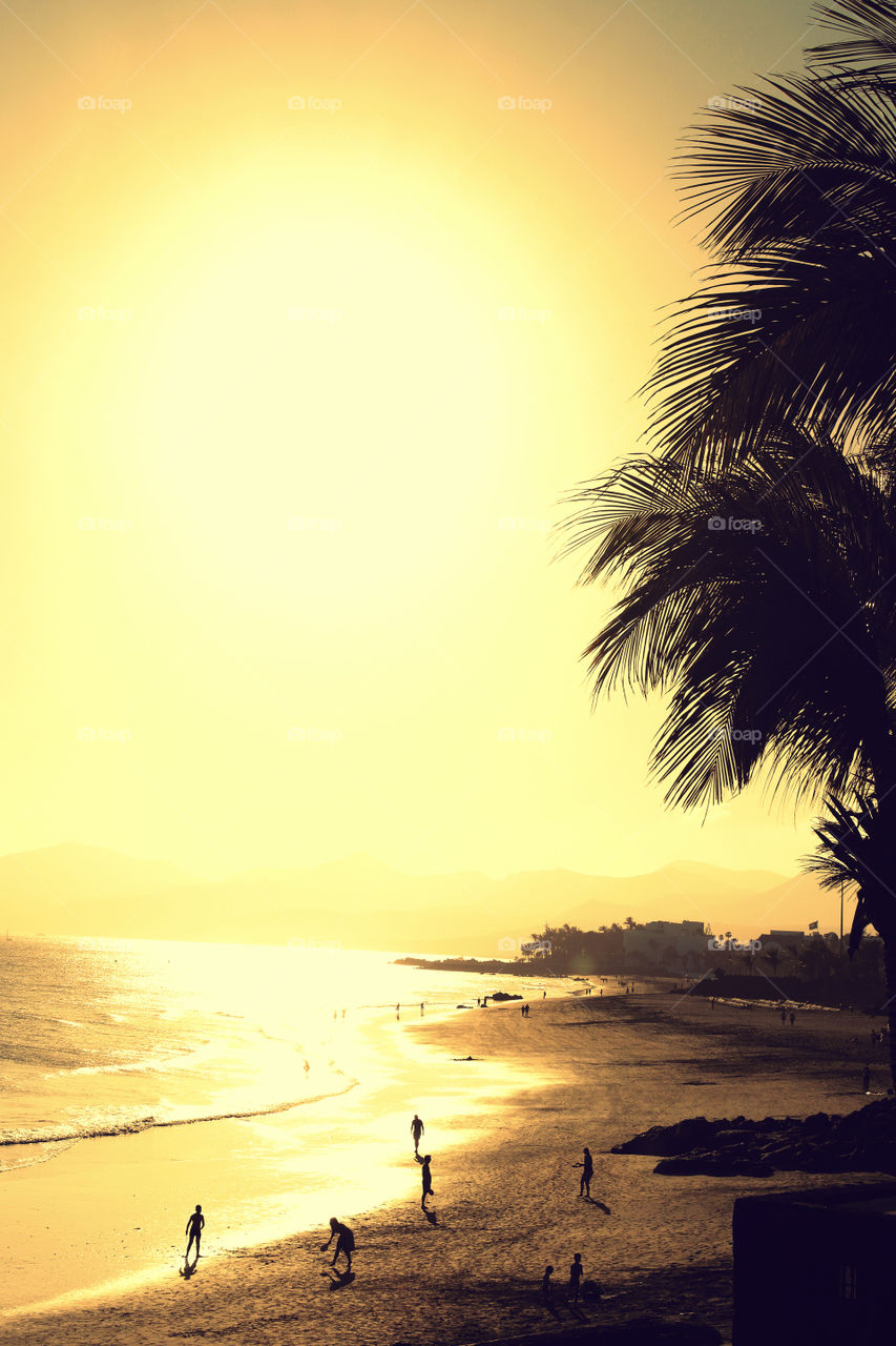 People playing at beach at sunset