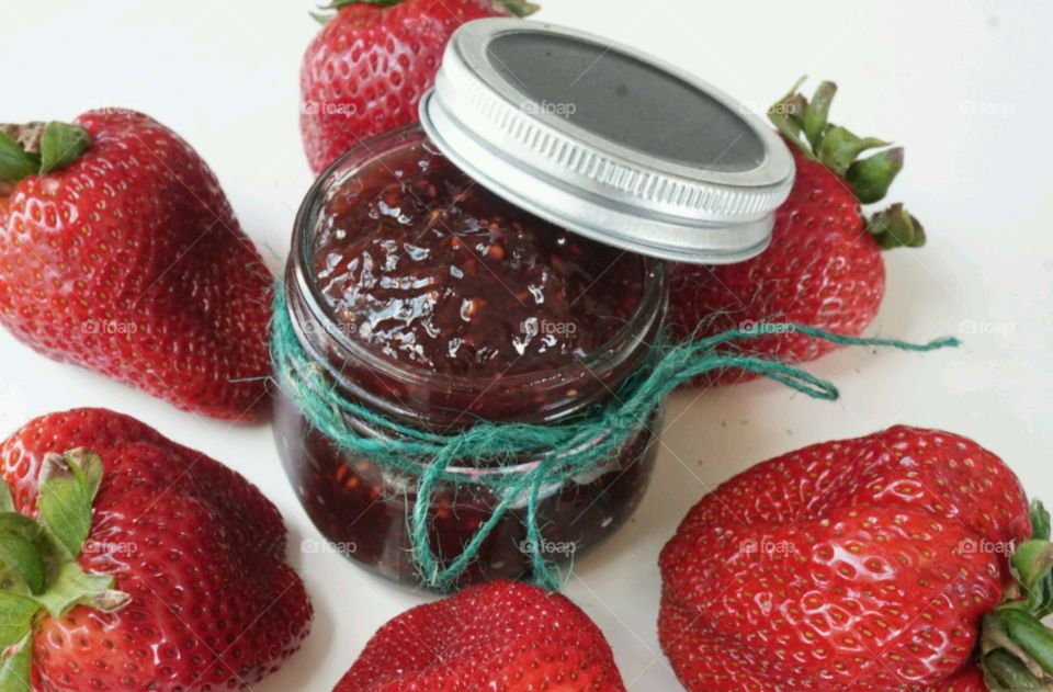 High angle view of strawberry Jam