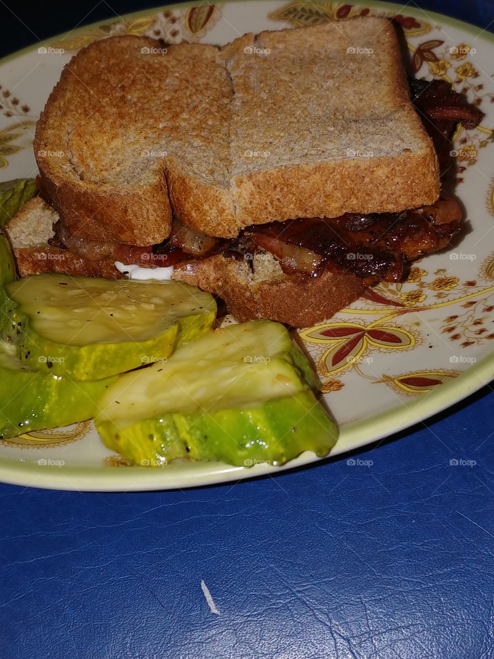 plate pickles bacon bread wheat fried