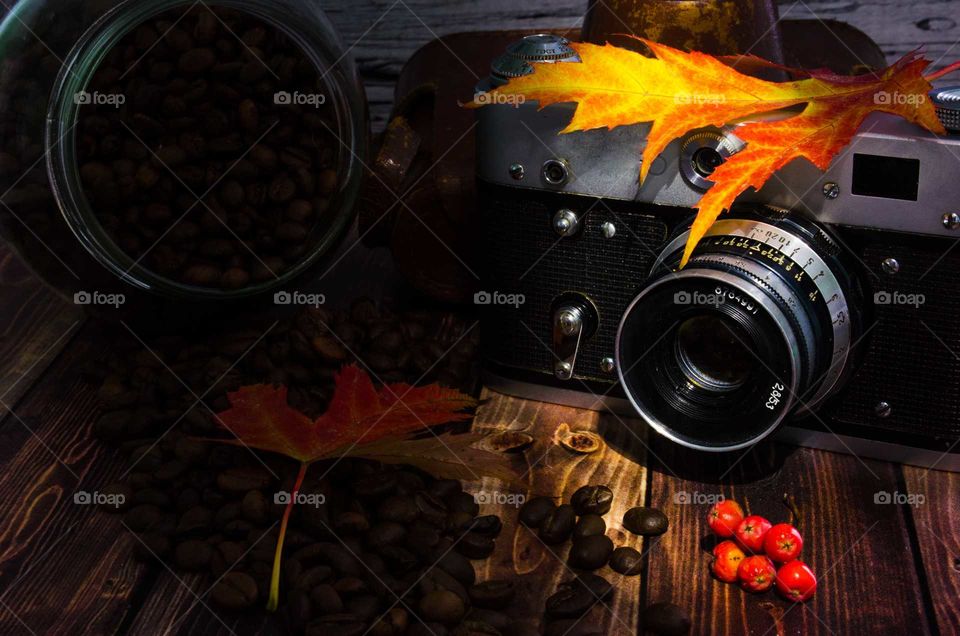 coffee been still life on wooden background