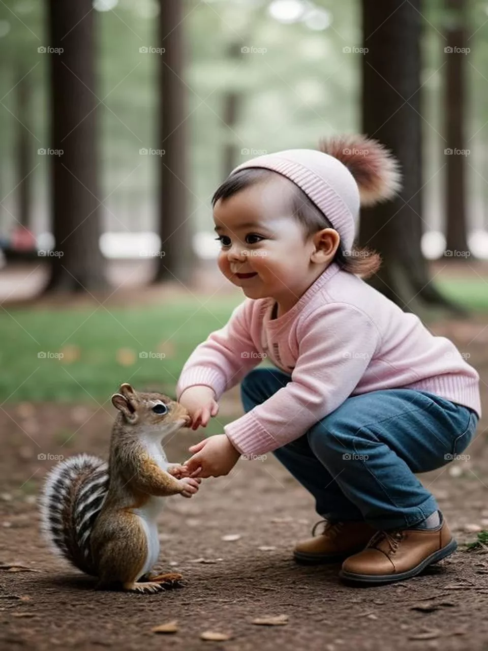 Beautiful little girl playing with a squirrel