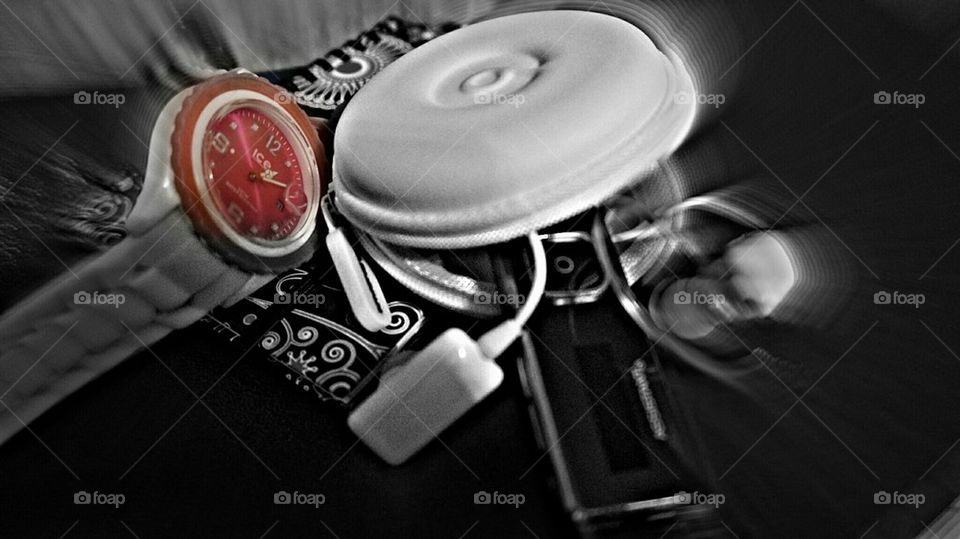 clock#player #notebook#headphones