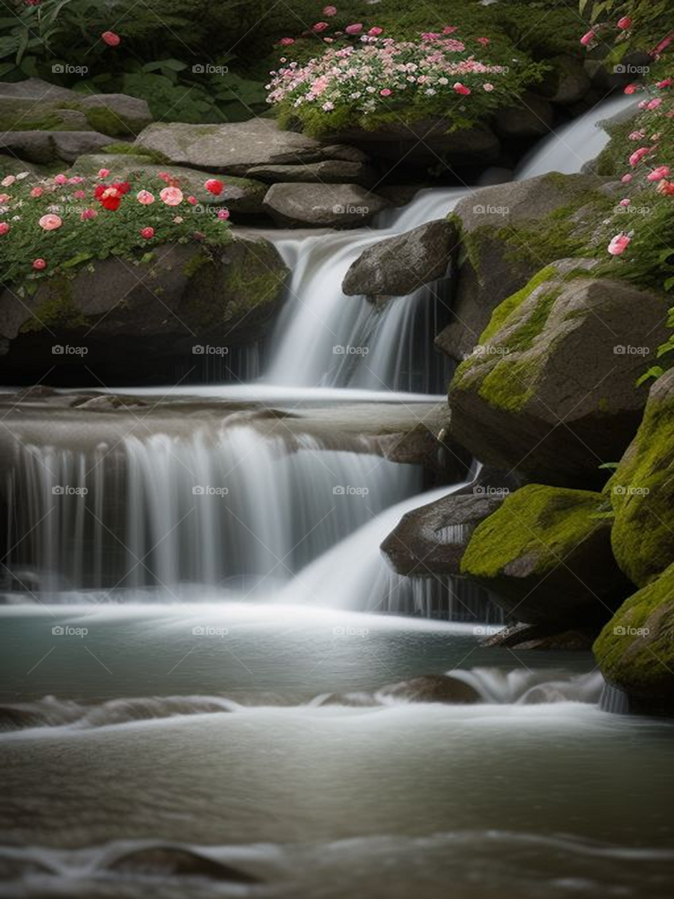 Landscape of roses next to a waterfall