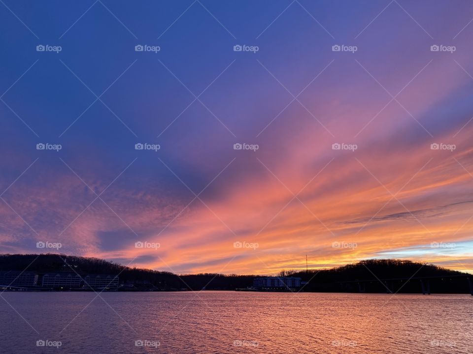 Orange sunset over lake 