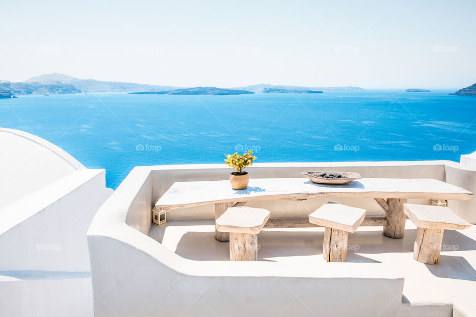 Summer Balcony In Famous Greek Island Santorini In Cyclades
