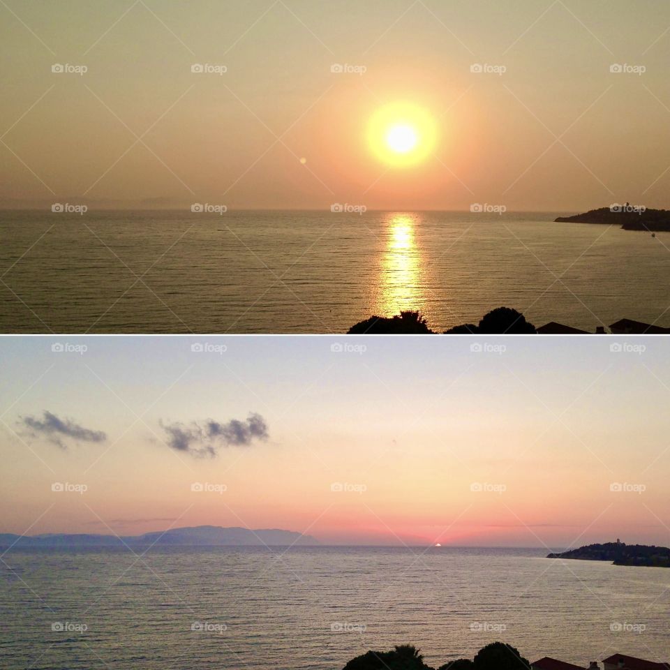 Sunset at sea, horizon over water, collage