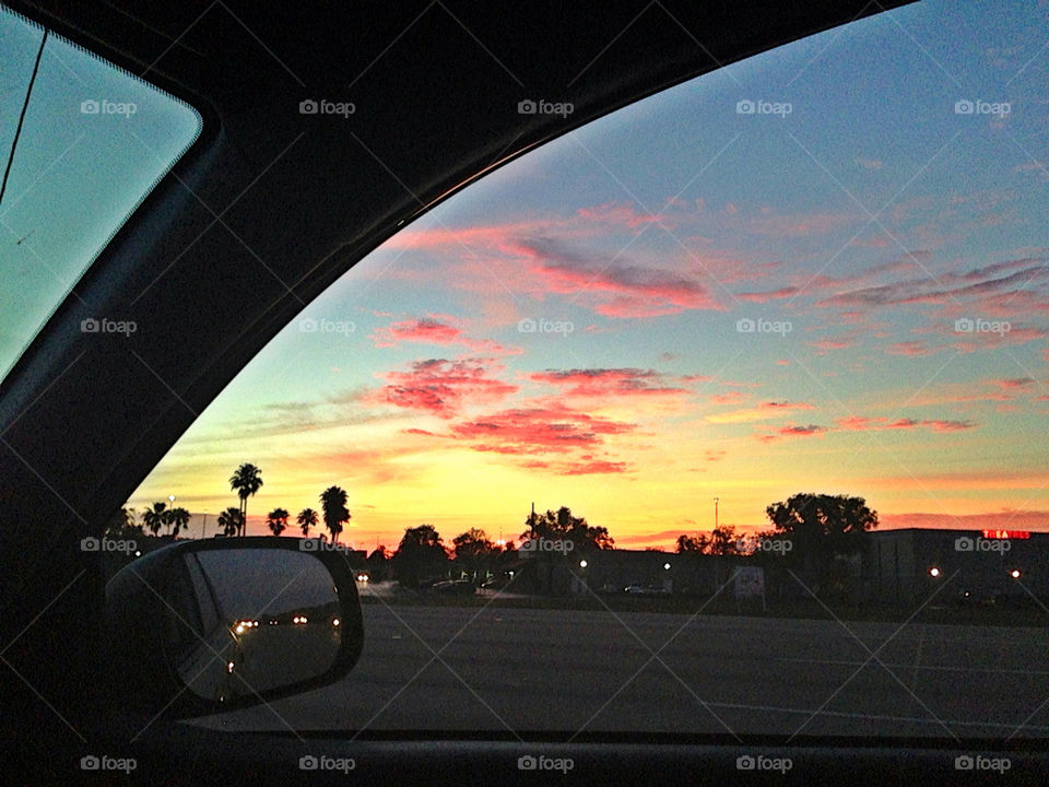 Sunset seen from car