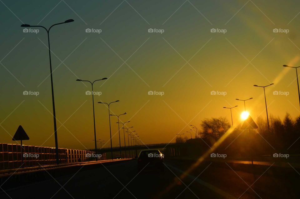 Golden hour during sunrise  on the expressway in Poland
