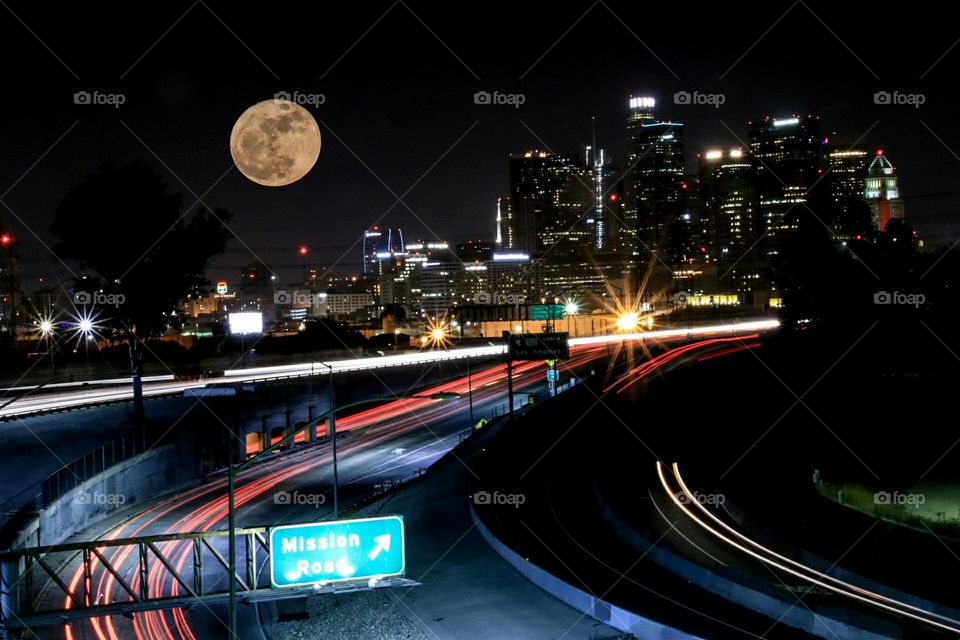 downtown Los Angeles, traffic, and the super moon
