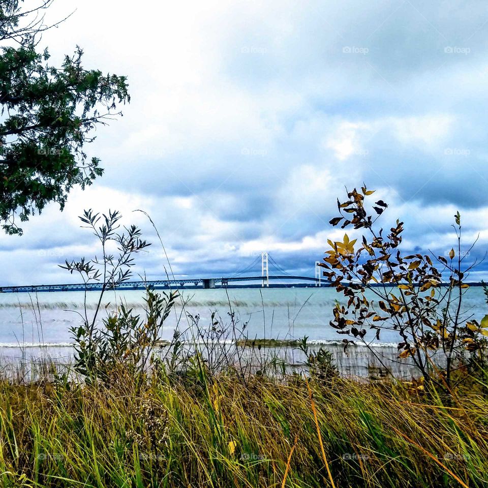 View of the mackinaw bridge from the upper peninsula of Michigan cold day in the fall