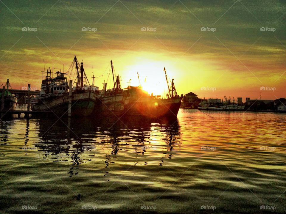 Boat port in sunset time