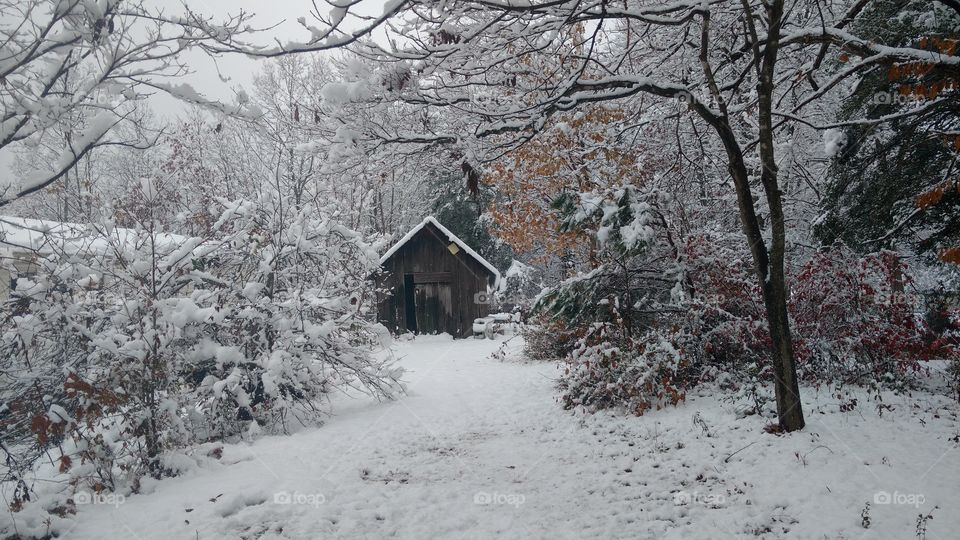 Old barn on snowy day
