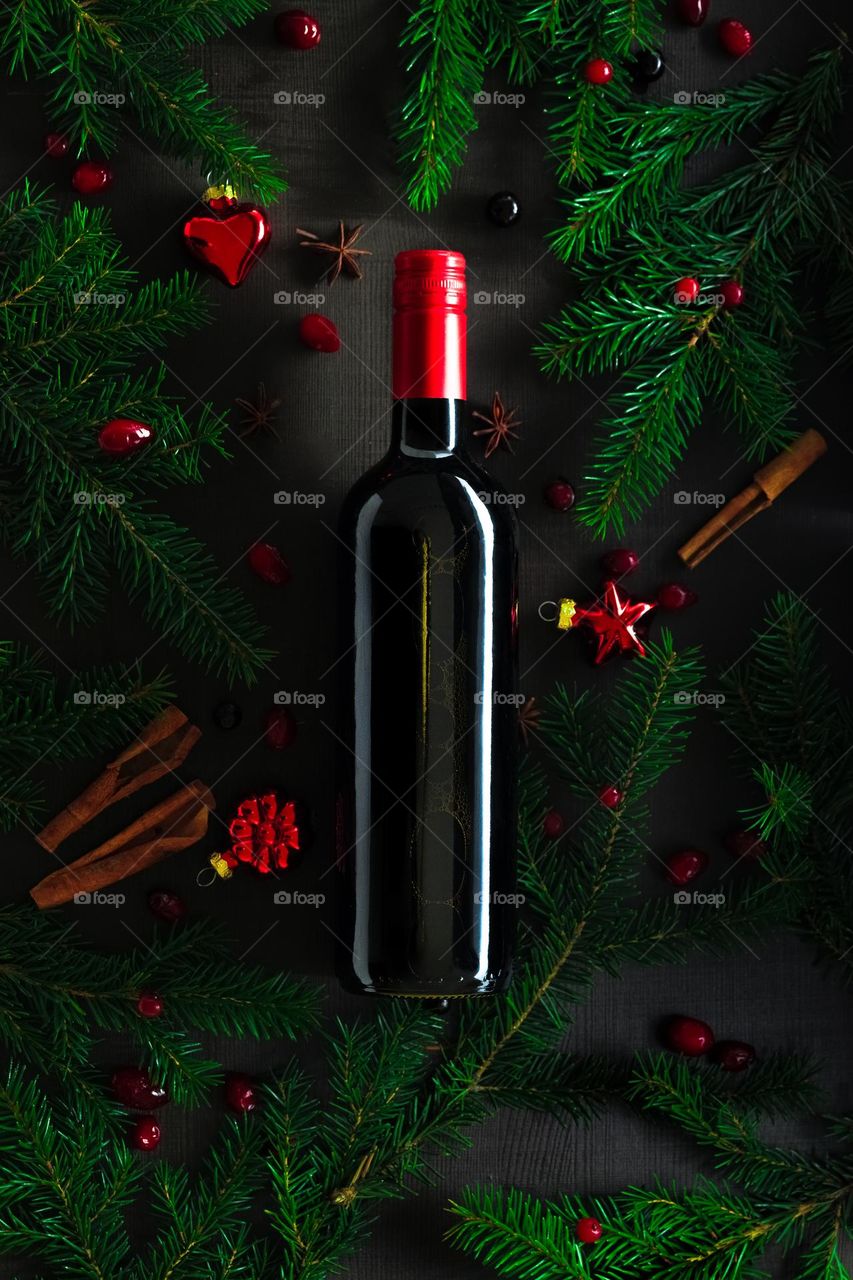 winter festive wine in a dark surrounding in a bottle