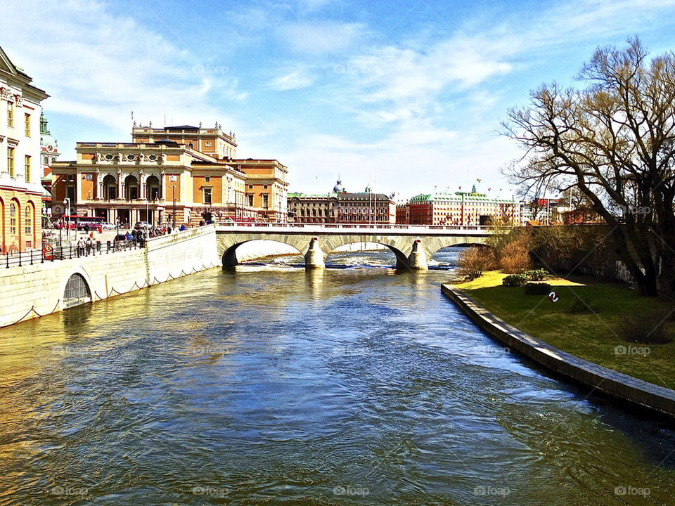 cityscape bridge blue sky spring