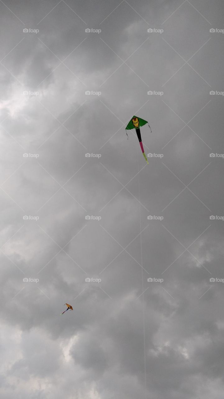 Kite flying high in the cloudy sky