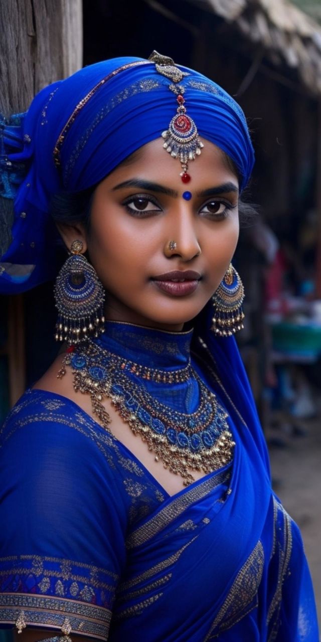 young and beautiful Indian Village model in blue saree
