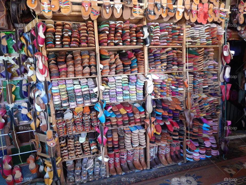 The leather shoes displayed in the fez, Morocco tannery 