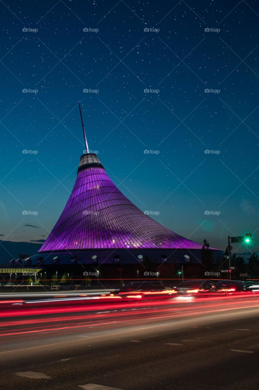 Shopping mall in unusual shape in Kazakhstan, long exposure 